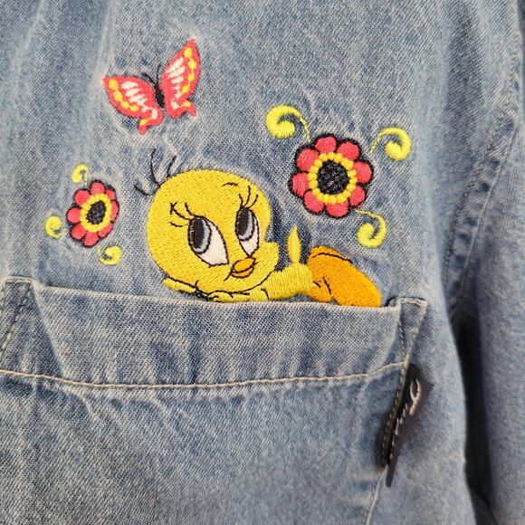 Vintage Y2K Looney Tunes Tweety Bird Shirt Button Front Denim Women Medium - Picture 4 of 11